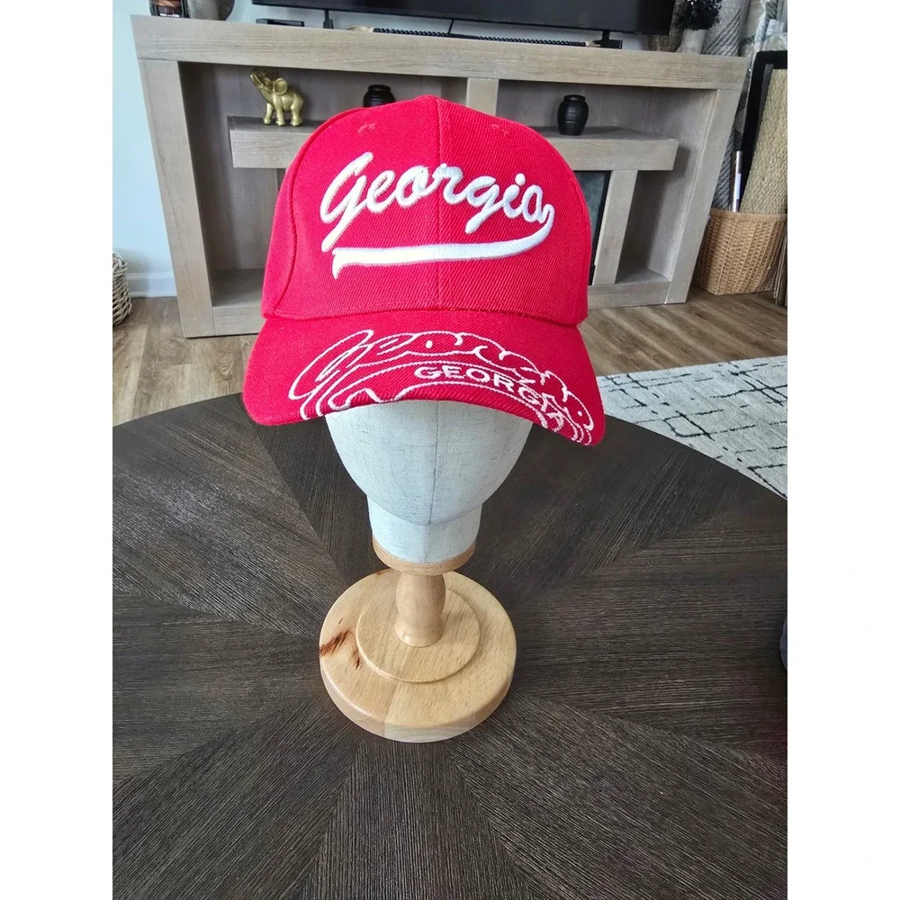 Georgia Red Baseball Cap Hat White Script Embroidery Adjustable Hook Loop Strap